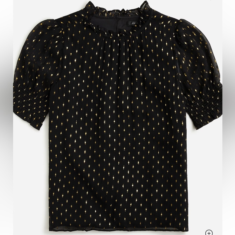 J Crew Smocked Puff Sleeve Top In Lurex Chiffon Black Gold Dot Size Large BN171